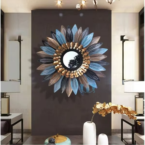 Espejo de Pared Metálico Sunburst, Marco de Pétalos de Bronce Azul, Espejo Decorativo Redondo, Decoración para Sala de Estar, Venta al Por Mayor B2B - Product Image 3