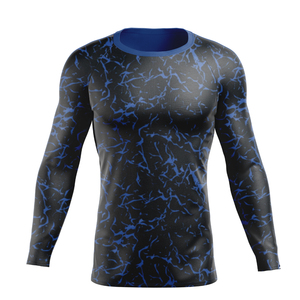 <b>Men's</b> Long Sleeve <b>Compression</b> <b>Shirt</b> Black Blue Marble Print Crew Neck Fitted Moisture Wicking Quick Dry Polyester Baselayer - Product Image 1
