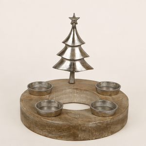 Handcrafted Mango Wood Advent Wreath With 4 Tealight Holders And Silver Metal Christmas Tree Sculpture Elegant Modern Holiday - Product Image 1