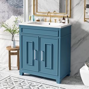 Mobile bagno freestanding da 30 pollici con lavabo in resina, ripiano portaoggetti e armadietto - I migliori mobili bagno di Sol - Product Image 1