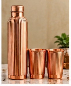 Hammered Durable Copper Water Bottle with Lid and <b>2</b> <b>Cups</b> Vintage Portable <b>Flask</b> Drinkware Set - Product Image 3