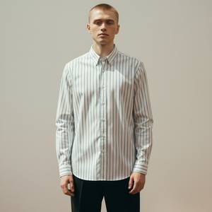 Chemise décontractée pour homme en coton respirant à manches longues, tricotée, imprimée à rayures, col rabattu, bouton unique, coupe classique - Product Image 1