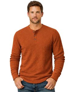 Mens Waffle Henley Long Sleeve Thermal T Shirt <b>Rust</b> Orange Casual Button Neck Winter Wear <b>Top</b> Cotton Slim Fit Breathable Fabric - Product Image 1