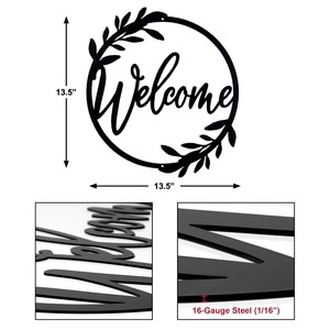 Letrero de Bienvenida Moderno de Metal Negro, Corona Elegante con Escritura Cursiva, Placa Circular con Hojas, Decoración Minimalista para Colgar en la Puerta Principal o en la Pared - Product Image 2