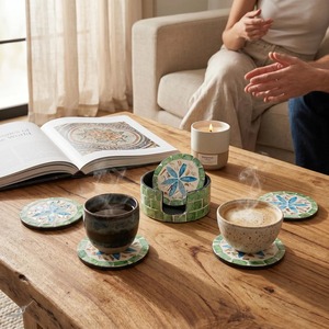 Handmade Shell <b>Mosaic</b> Drink MOP Inlay Coasters with Holder Modern Design Round Shape 10 CM Diameter From REHMAN <b>CRAFT</b> - Product Image 6