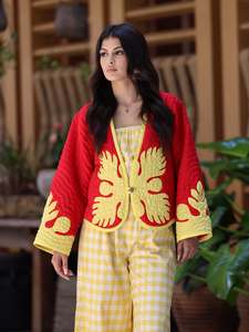 เสื้อแจ็คเก็ตฮาวายทรงครอป ปักลายใบไม้เขตร้อนสีแดงเหลืองสดใส แขนยาว ติดกระดุมเม็ดเดียว คอวี เสื้อคลุมตัวนอกสำหรับผู้หญิง - Product Image 6