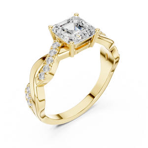 Anillo de Lujo de Oro Amarillo de 14K con Diamante Cultivado en Laboratorio de Corte Asscher Brillante, Banda Trenzada y Engaste Pavé Lateral, Joyería para Mujer - Product Image 4