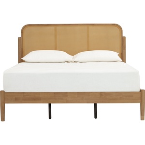 Modern Solid Wood <b>Bed</b> <b>Frame</b> with Synthetic <b>Rattan</b> Cane Headboard Minimalist Boho Chic Double <b>Bed</b> for Master Bedroom Furniture - Product Image 2