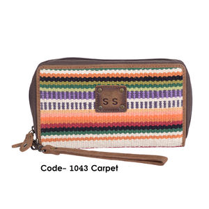 Cartera de mano de cuero con RFID, material de tela de lona de algodón Dhurrie y tela Ikat, con cubierta RFID asequible, para móvil, venta al por mayor - Product Image 4