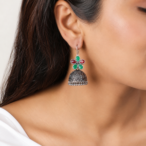 Oxidized <b>Silver</b> Multicolor Stone Floral Jhumka <b>Earrings</b> for Women | Indian <b>Dangle</b> <b>Earrings</b> for Women - Product Image 5