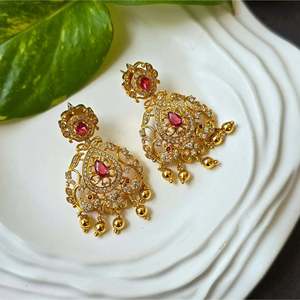 Vintage Red AD Chandbali Chandelier Earrings with Jade Pearl and Diamond - Product Image 2