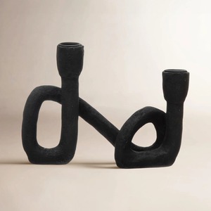 <b>Decorative</b> Matte Black Textured Abstract Double Candle Stand Table Accent Unique Sculptural Black Dual Taper Candle Holder - Product Image 4