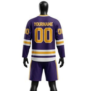 Men Purple Sublimated Ice Hockey Jersey Shorts Set V Neck Striped Polyester Sports Uniform Training Wear <b>Athletic</b> Team Apparel - Product Image 2