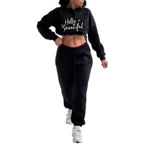 Crop Top Hoodie <b>Short</b> <b>Jogger</b> Set Women Clothing Custom 100% Cotton Ladies Women Blank Cropped Hoodie Trouser Set - Product Image 1