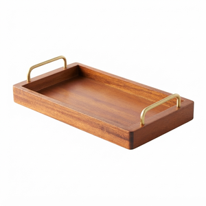 Plateau de service en bois artisanal avec poignées en métal, grand plateau rectangulaire pour café, thé, petit-déjeuner, nourriture, maison, restaurant, hôtel, table - Product Image 1