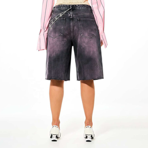 Custom Logo High Waist Stonewashed Denim <b>Shorts</b> Women's Loose Fit Straight Leg Casual Summer Cotton With Embroidery Detail Jorts - Product Image 2