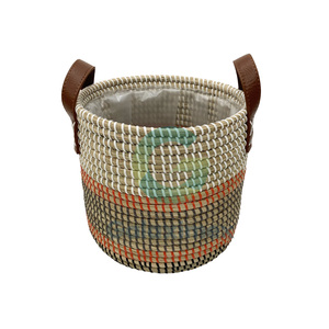 Round Seagrass Storage <b>Baskets</b> <b>with</b> Leather <b>Handles</b> Woven Handcrafted <b>Baskets</b> Made in Vietnam Seagrass Planter Pots - Product Image 2