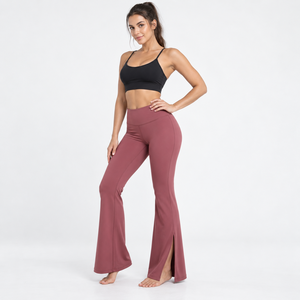 High Waist Flared Leg <b>Yoga</b> <b>Pants</b> Seamless Solid Color Full Length Elastic Waist Spandex Nylon Workout Trousers - Product Image 6