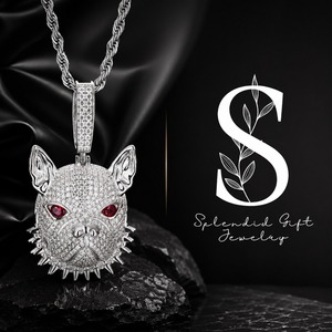 Splendid Gift Jewelry Colgante de Bulldog para Hombre Bañado en Plata con Ojos de Moissanita Roja, Micro Pavé, Aleación, Estilo Hip Hop - Product Image 1