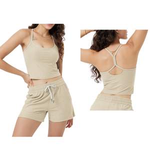 Conjunto de yoga sin costuras para mujer, top corto y pantalones cortos, conjunto deportivo para gimnasio, ropa deportiva con espalda cruzada, camiseta deportiva con logo personalizado - Product Image 1