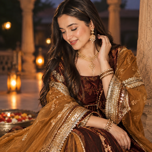 Elegante Vestido Maxi Pakistaní Marrón Dorado para Mujer |   Vestido Anarkali de Fiesta Bordado de Lujo - Product Image 3
