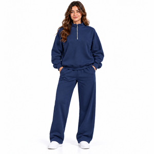 Pull molletonné noir à col montant et demi-zip pour femme, coupe ample à épaules tombantes, en coton et polyester, style tendance - Product Image 1