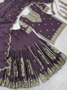 Ensemble Salwar Kameez en soie brodée, style Sharara indien pakistanais pour femmes, avec dupatta, pour mariage, fête, Diwali - Product Image 6