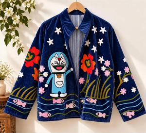 Luxury Blue <b>Velvet</b> Embroidered Suzani <b>Jacket</b> with Doraemon Pattern Full Sleeve Stand Collar Handmade Boho Winter Coat - Product Image 1
