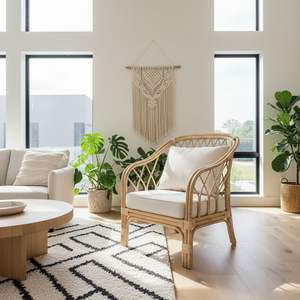 Chaise de salle à manger d'extérieur en rotin durable et écologique, en osier naturel fait main, design contemporain, avec revêtement en cuir PU, mobilier de maison - Product Image 4