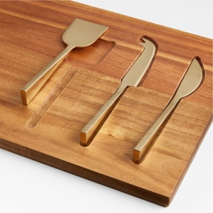 Ensemble de 3 couteaux à fromage en acier inoxydable doré de qualité supérieure avec planche de service en bois d'acacia – Outils modernes de luxe pour plateau de charcuterie – Vente directe usine - Product Image 1