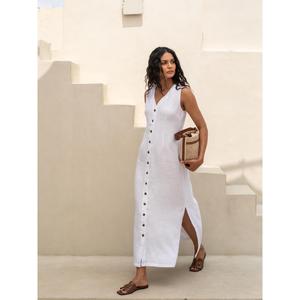 Robe longue en coton et lin blanc pour femmes, sans manches, boutonnée, col en V, élégante, robe longue d'été - Product Image 3