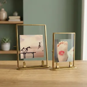 Artisan Design Brass & <b>Glass</b> Rectangle 5.25x7" <b>Photo</b> <b>Frame</b> with Metal Stand for Horizontal Desk/Tabletop Display Decor - Product Image 1