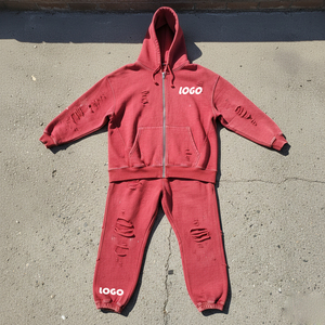 Conjunto de Sudadera con Capucha y Cremallera Estilo Vintage con Logotipo Personalizado y Pantalones Deportivos Holgados, 100% Algodón, Estilo Desgastado, para Hombre - Product Image 6