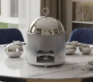 Chauffe-plats de luxe en aluminium et acier inoxydable, type pilier côtelé, avec support à bougie, pour buffet - Product Image 2