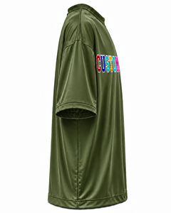 T-shirt à manches courtes pour homme, vert olive, avec logo personnalisé, imprimé sur le devant, design à lettres, coupe ample décontractée, séchage rapide, 100% polyester - Product Image 3