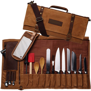 Leather Canvas Luxury Knife <b>Roll</b> <b>Bag</b> Chef Kitchen <b>Tool</b> Organizer Professional Storage Travel Case Zipper Waterproof LCKR-0011 - Product Image 1