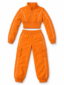 Manufacturer <b>Cropped</b> Women's Nylon Windbreaker Tracksuit Elastic Waist Custom Reflective Piping Jacket & Cargo Jogger <b>Pants</b> Set - Product Image 4