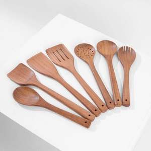 Juego de cucharas de cocina de madera natural con espátula, cuchara volteadora y cuchara para servir, para utensilios de cocina del hogar. - Product Image 3