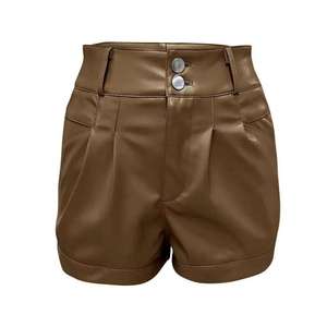 Women's Mid-Waisted Leather Solid <b>Smart</b> Casual Bermuda <b>Shorts</b> Trendy <b>Black</b> Pleated Loose-Fit Anti-Wrinkle Quick Dry Button Fly - Product Image 4