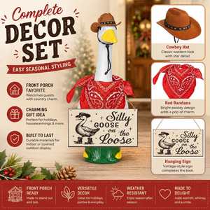 Statue de canard avec tenue de cowboy occidentale, chapeau et bandana rouges, panneau rustique à suspendre pour décoration de porche et d'entrée - Product Image 2