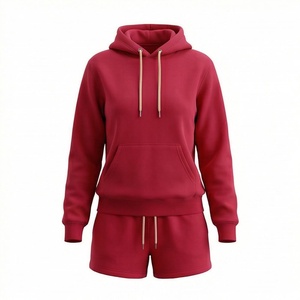 <b>Women's</b> 2 Piece Hooded Sweatshirt and Shorts <b>Set</b> Solid Color Fleece Casual Loose Fit Above Knee Red - Product Image 1