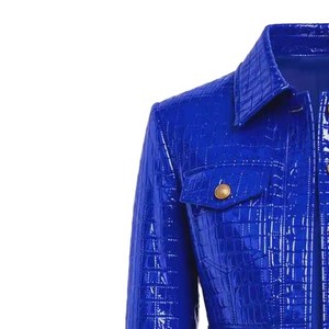 Blue <b>Leather</b> Cropped <b>Blazer</b> With Croco Embossed Texture Full Sleeve Turn-down Collar Single Breasted Women's <b>Jacket</b> - Product Image 3