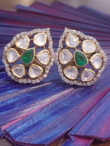 Gold Plated <b>Silver</b> <b>Studs</b> <b>Earrings</b> with Flower Design Green Doublet Polki Stone Luxury Bridal Handmade Jewelry for Women - Product Image 5