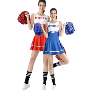 Ensemble d'uniformes de cheerleading pour adultes, style jupe rouge et bleue avec pompons pour femmes - Product Image 1