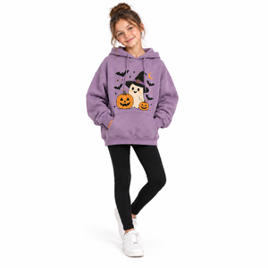 Girls Lavender Autumn Fleece <b>Halloween</b> <b>Hoodie</b> Ghost Witch Pumpkin Bat Print Pullover Sweatshirt Kangaroo Pocket Kids Casual - Product Image 1