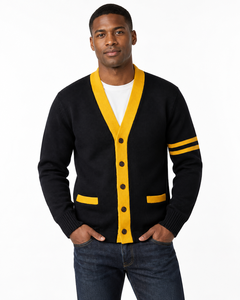 Cardigan en tricot noir et jaune à col en V pour homme, manches longues, boutons sur le devant, style décontracté universitaire, marque privée, vente en gros - Product Image 4