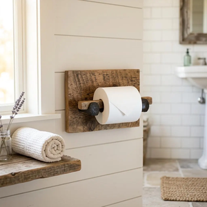 Portarrollos de papel higiénico nórdico de madera para montar en la pared con estante, organizador de baño de un solo nivel - Product Image 6