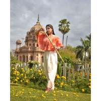 Ensemble dhoti et haut respirant à imprimé floral tissé orange, coupe ample, taille élastique, taille XS, pour les occasions quotidiennes