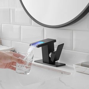 Rubinetto Monocomando per Lavabo Bagno con Luce LED, Cascata a 3 Colori Variabili, Bocca in Vetro, Miscelatore Acqua Calda e Fredda, Montaggio su Piano a Foro Singolo - Product Image 6