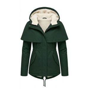 Veste parka pour femme en gros avec capuche profonde en polaire thermique, taille à cordon de serrage, manches vert forêt et capuche à rabat anti-vent - Product Image 2